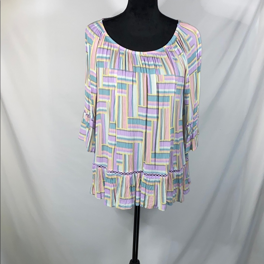 Fever Pastel Geometric Blouse Size XL Loose Flowy Rayon Peasant Top